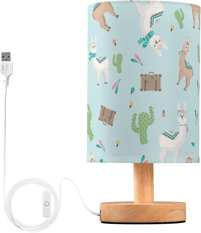 Table Lamp Cute Llama and Alpaca Cactus Nightstand Lamp with Wood Base Fabric Lamp Shade Bedside Desk Lamp for Living Room Bedroom Kids Room Office - Bloomnest