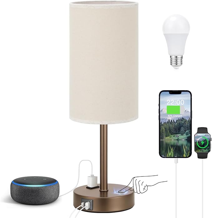 Fenmzee Touch Table Lamp - Beige, 3-Way Dimmable, USB A + C Charging, AC Outlet, 17.4inch Medium, Brown Metal Base - Bloomnest
