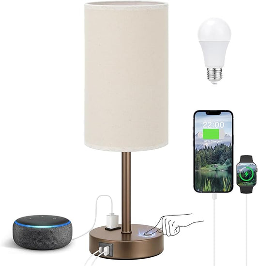 Fenmzee Touch Table Lamp - Beige, 3-Way Dimmable, USB A + C Charging, AC Outlet, 17.4inch Medium, Brown Metal Base - Bloomnest