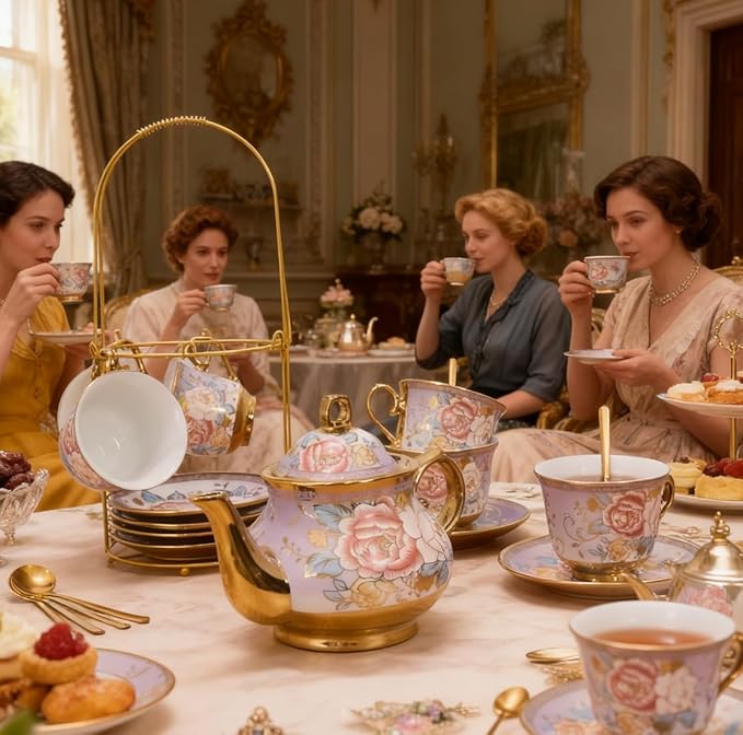 CHANJOON Gold Plated Red Rose Ceramic Tea Set, Vintage Tea Sets with Teapot, Beautiful Tea Set Coffee Serving 6 People (Purple, X Large) - Bloomnest