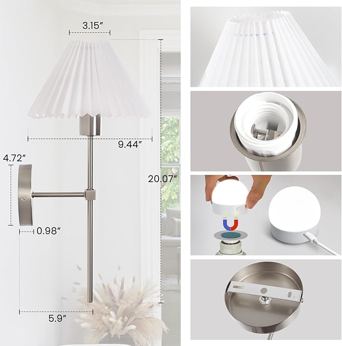 Wireless Wall Sconce Sets of 2, Pleated Shades Rechargeable Battery Operated Wall Sconce, Retro Industrial Brushed Nickel Bathroom Vanity Lights, Wall Mounted Lamps for Bedroom Living Room Hallway - Bloomnest
