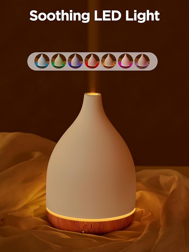 InnoGear Oil Diffuser, 300ML Ceramic Diffuser for Essential Oils Handcrafted Aromatherapy Diffuser Ultrasonic Cool Mist Humidifier with 4 Timers Waterless Auto Off for Room Office, White - Bloomnest