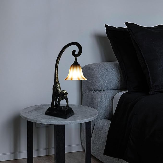 Eapmic Table Lamp, Resin Monkey Desk Lamp, Retro Bedside Light Animal Table Lamp with Trumpet Shade, Monkey Light for Bedroom Living Room Kids Room Office Home Decoration (Style 1) - Bloomnest