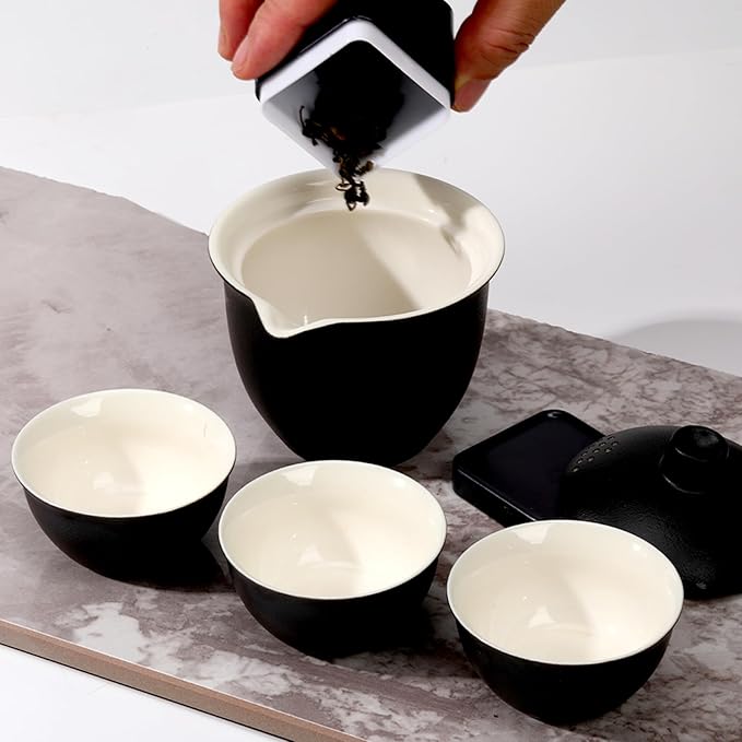 Porcelain Chinese Gongfu Tea Sets for Adults Portable Kungfu Teapot and Cup Set Small Ceramic Tea Party Set Travel Teaset with Lid for Home Gifting Outdoor and Office (Black) - Bloomnest