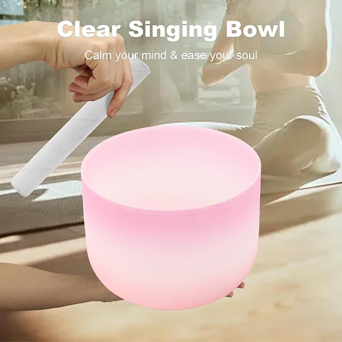 Crystal Singing Bowl 8 inch F Note, Colorful Pink Sound Bowl with Mallet O-ring, Sound Healing Instruments for Healing Mindfulness Meditation Yoga Sound Baths - Bloomnest