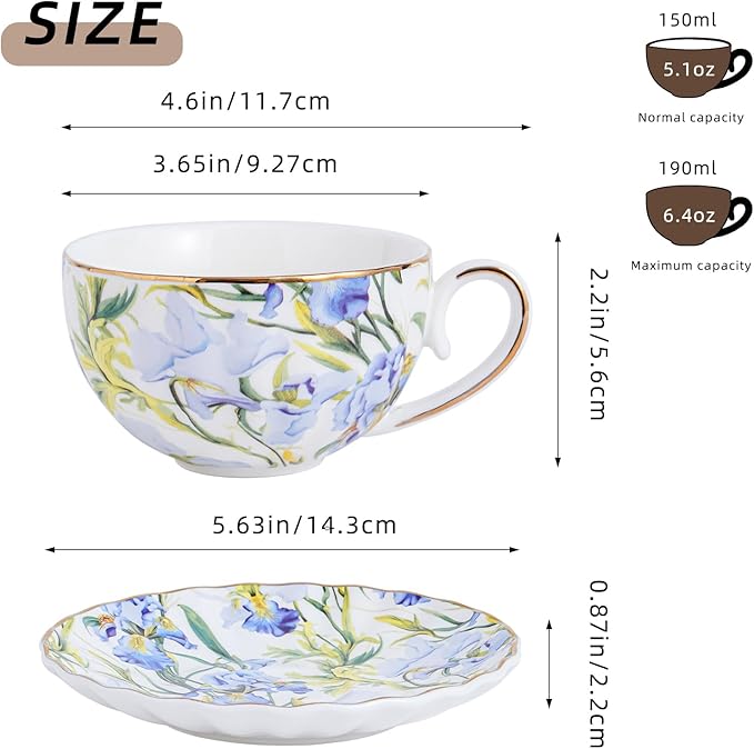Tea Cup and Saucers, 6.4oz Floral Tea Cups with Gold Trim, Coffee Cappuccino Espresso Latte Mugs for Party Birthday,Christmas Gift (Iris - Blue) - Bloomnest
