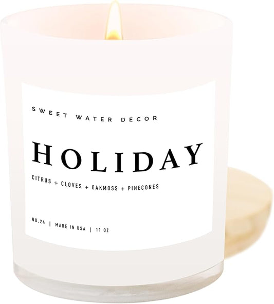 Sweet Water Decor Holiday Soy Candle - Citrus, Cloves, Black Dahlia Petals, Pine Cones and Oakmoss Holiday Scented Candles for Home - 11oz White Jar + Wood Lid, 50+ Hour Burn Time, Made in The USA - Bloomnest