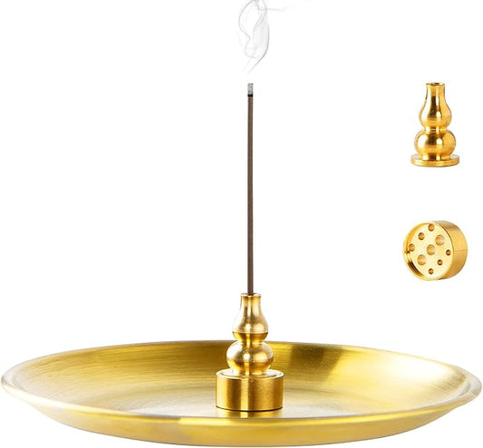 3 in 1 Incense Burner - 5.5 Inch Brass Incense Holder for Incense Sticks/Coil Incense/Incense Cones - Metal Gourd-Shaped Ash Catcher for Meditation Yoga Room Home Decor ZX11S - Bloomnest