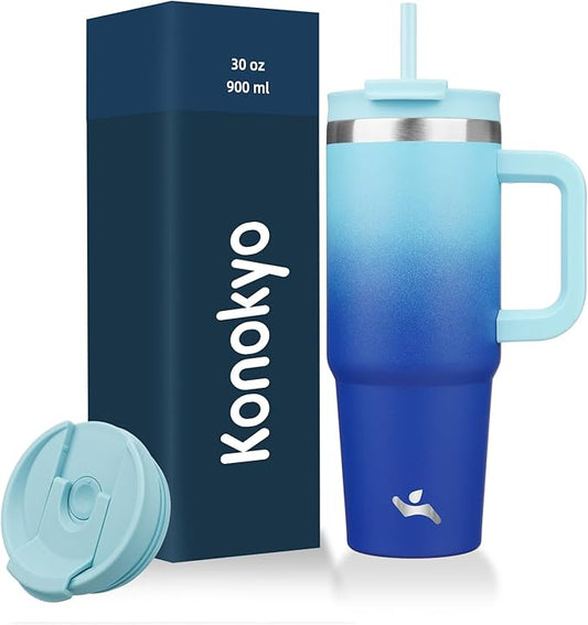 30 oz Tumbler with Handle and 2 Straws,2 in 1 Lid Insulated Water Bottle Stainless Steel Travel Coffee Mug,Sky - Bloomnest