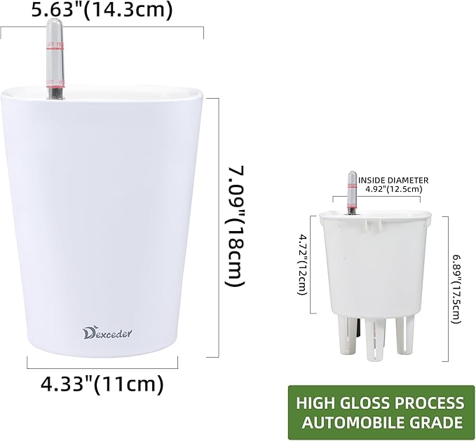 Dexceder 6x7 Self Watering Planter Indoor Outdoor, High Gloss Table Flower Plant Pot with Water Level Indicator (White) - Bloomnest
