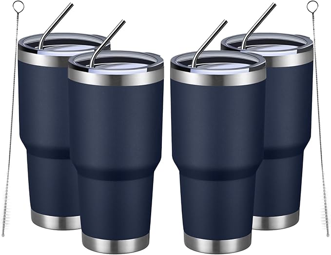 MEWAY 30oz Insulated Tumbler With Lids and Straws,Stainless Steel Double Vacuum Coffee Tumbler Cup, Brush, Durable Powder Coated Coffee Cup for Cold & Hot Drinks, Office, Travel(Navy,4 PACK) - Bloomnest
