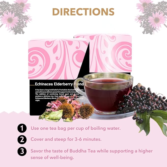 Buddha Teas - Organic Echinacea Elderberry Blend - Herbal Tea - For Health & Wellbeing - With Antioxidants & Minerals - Clean Ingredients - No Caffeine - OU Kosher & Non-GMO - 18 Tea Bags (Pack of 1) - Bloomnest