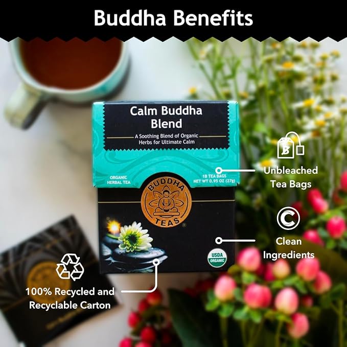 Buddha Teas - Calm Buddha Blend - Organic Herbal Tea - For Health & Wellbeing - Blend of Organic Herbs - Clean Ingredients - Caffeine Free - OU Kosher & Organic - Non-GMO - 18 Bleach-Free Tea Bags - Bloomnest