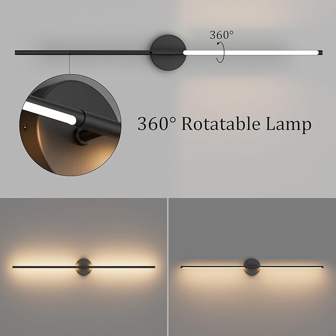 40In Hardwired Modern Wall Sconce for Bathroom Black Vanity Light Fixture 3000K Bathroom Sconce 360° Rotate Warm Light for Bedroom Living Room - Bloomnest