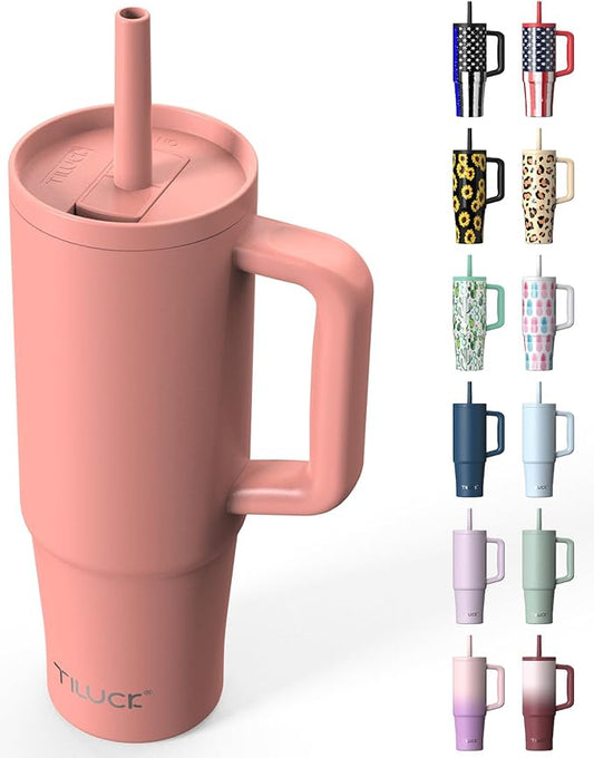 TILUCK 30 oz Tumbler with Handle, Vacuum Insulated Stainless Steel Travel Mug with 100% Leak-Proof Silicone Straw Lid, Cupholder Friendly Water Bottle(CoralRed, 30oz)