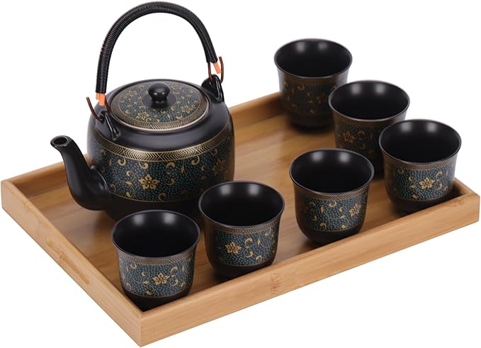 Handmade Japanese Ceramic Tea Set-Traditional Asian Design with Modern Convenience,Includes 1 Teapot,6 Cups,Tea Tray and Stainless Infuser, Perfect for Tea Enthusiasts and Collectors (Design2) - Bloomnest