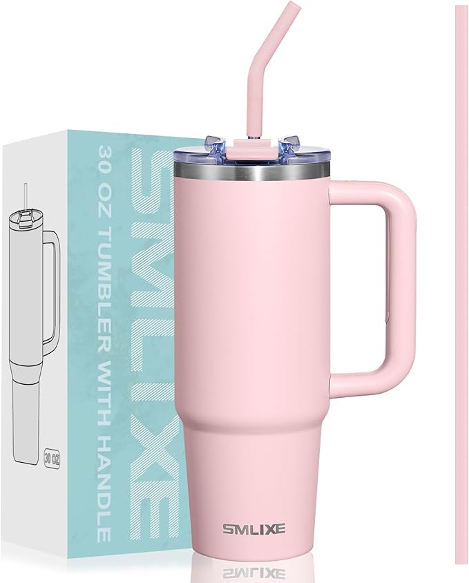 30 oz Tumbler with Handle, Tumbler with Lid and Straw, Double Wall Vacuum Insulated Travel Mug Stainless Steel Tumbler for Hot and Cold, Cupholder Friendly (Pink) - Bloomnest
