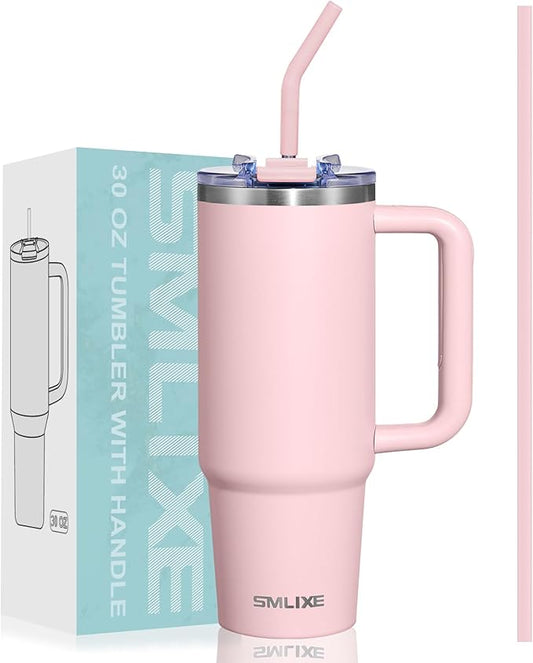 30 oz Tumbler with Handle, Tumbler with Lid and Straw, Double Wall Vacuum Insulated Travel Mug Stainless Steel Tumbler for Hot and Cold, Cupholder Friendly (Pink) - Bloomnest