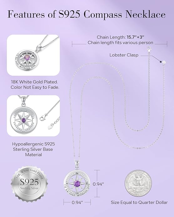 S925 Necklace Gift for Wife |Compass Jewelry |Women Anniversary |Sterling Silver |Girlfriend Birthday Gifts for Her Valentines |I'd be Lost without You |Jewel 18K Gold - Bloomnest