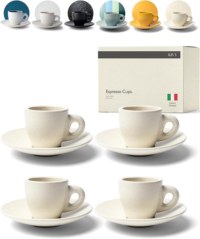 KIVY 3 oz Espresso cups set of 4 - Thick walled stoneware espresso cup set - Italian style espresso cups and saucers - Demitasse cups set of 4 - Coffee mugs - Demitasse cups and saucers sets - Bloomnest