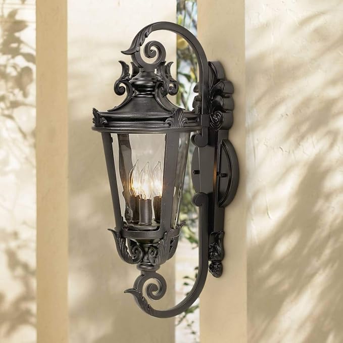 John Timberland Casa Marseille European Outdoor Wall Light Fixture Mediterranean Black Scroll Arm 21 1/2" Clear Hammered Glass for Exterior House Porch Patio Outside Deck Garage Front Door Home - Bloomnest