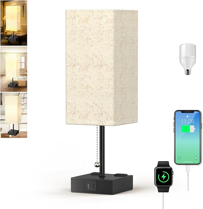 Table Lamp for Bedroom with USB,Bedside Lamp with USB C+A Charging Ports,Adjustable 3color LED Light for Home Decor/Nightstand/Office,Included Bulb and Fabric Lamp Shade (Linen White, 1PCS) - Bloomnest