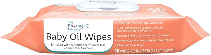 The Pharma-C Company Baby Oil Wipes. (60 Wipes) Enriched with Almond and Sunflower Oils, Aloe and Vitamin E. - Bloomnest
