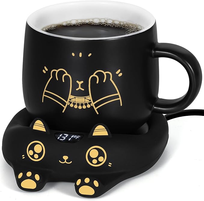 PUSEE Coffee Mug Warmer & Cute Cat Mug Set, Coffee Cup Warmer for Desk with Auto Shut Off, Beverage Warmer with 3 Temp Settings, Candle Warmer Coffee Warmer with Mug Set for Christmas & Birthday Gifts - Bloomnest