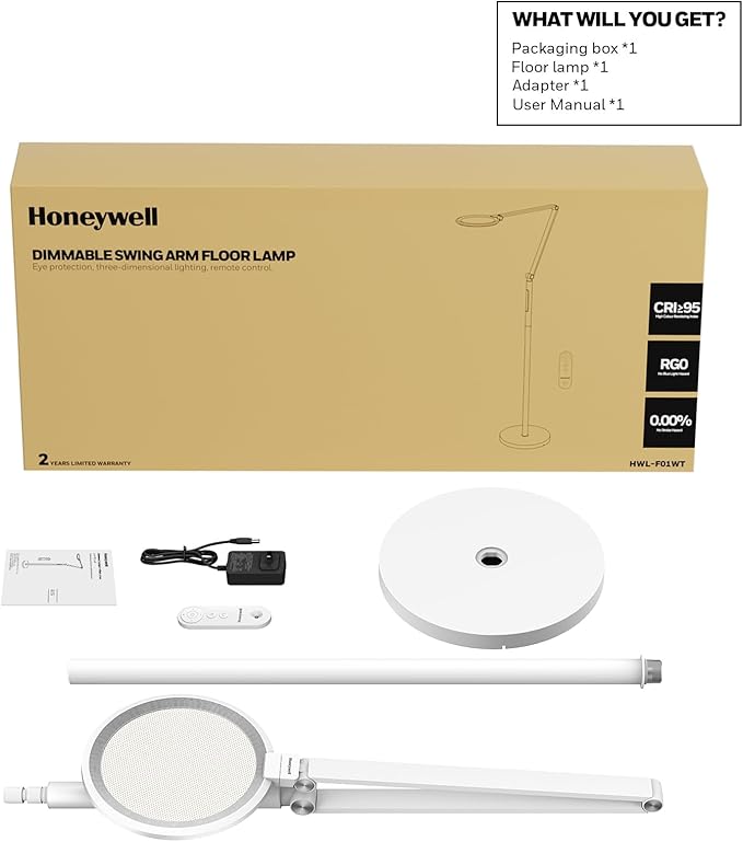 Honeywell LED Floor Lamp - F01WT Sunturalux™ Eye Caring Dimmable Standing Light with Remote,Bright Natural Daylight 5 Colors & 5 Brightness Adjustable Tall Lampara for Home Office Living Room Bedroom - Bloomnest
