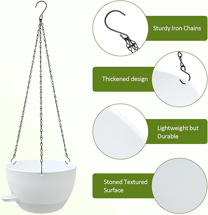 WOUSIWER Self Watering Hanging Planters, 2 Pack 10'' Plastic Pots with Drainage Holes & Reservoir Tray (White) | Indoor & Outdoor Use for Ferns, Ivy, Herbs, Succulents - Bloomnest