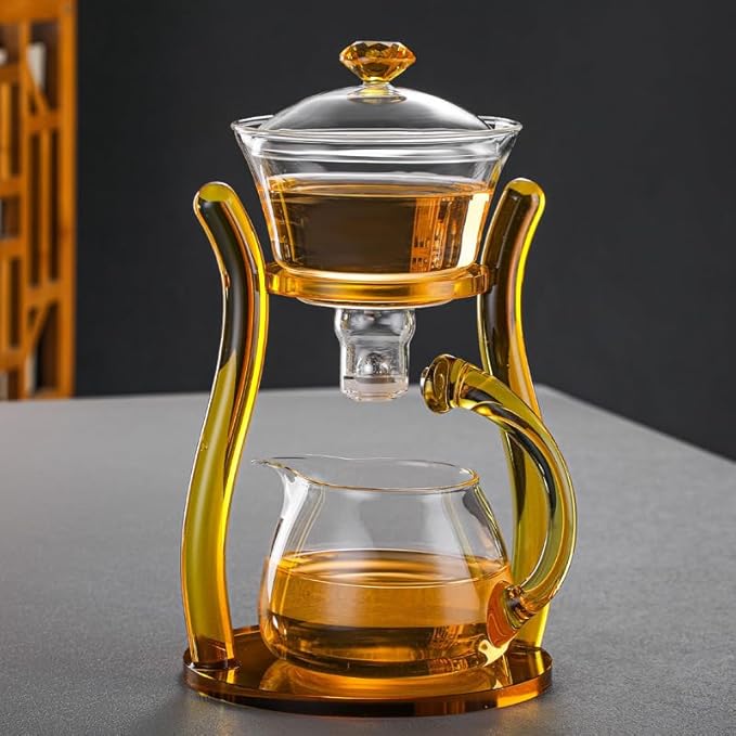 Mozeo Lazy Kungfu Teapot Glass Semi-automatic Tea Maker Suction Automatic Water Brewing Teapot Office Flower Glass Tea Set (Yellow Single)
