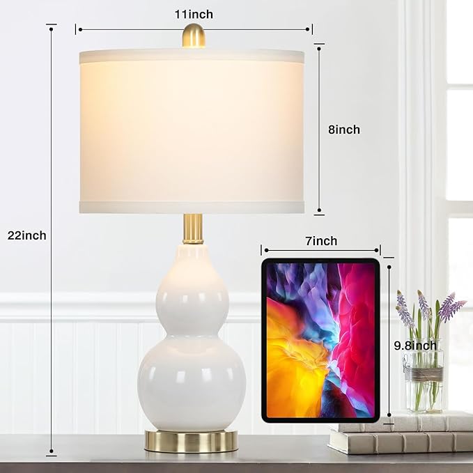 Double Gourd Ceramic Table Lamps Set of 2, Modern White Bedside Lamps for Night Stand, Contemporary Nightstand Lamps for Bedroom Living Room (Bulb Included) - Bloomnest