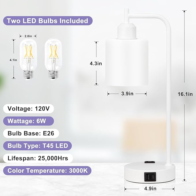 Innqoo Industrial White Table Lamps for Bedrooms Set of 2-3-Way Dimmable Desk Lamp with USB C+A Ports and Outlet, White Lamps with Opal Glass Shade for Living Room - Bloomnest