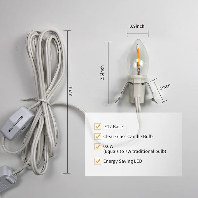 Set of 2 Accessory Cord with 2 C7 Led Light Bulb 6Ft Light IndoorString Lights, Candelabra-Base E12 Socket C7 Lamp for Halloween and Christmas Decorations, Craft Village House Decoration - Bloomnest