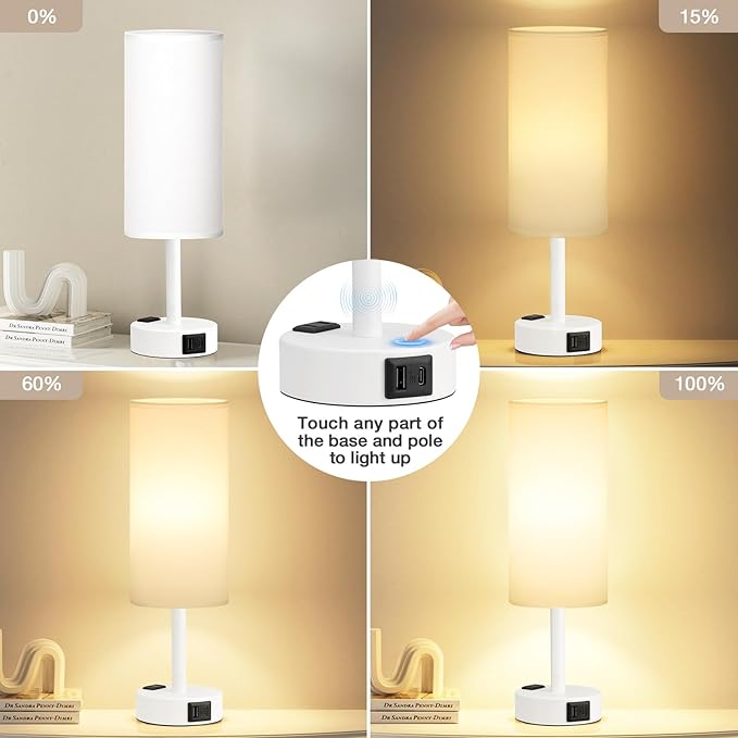 Fenmzee Matte White Bedside Table Lamp for Bedroom - 3 Way Dimmable Touch Lamp USB C Charging Ports and AC Outlet, Small Lamp Round Flaxen Fabric Shade for Living Room, Desk, LED Bulb Included - Bloomnest