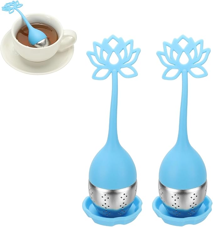 uxcell 2 Pcs Lotus Tea Infuser, Stainless Steel Loose Leaf Tea Steeper Filter with Silicone Handle Reusable Coarse Pores Mesh Strainer Diffuser for Teacups Teapots Mugs, Blue - Bloomnest