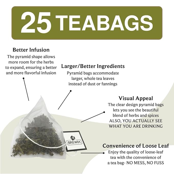 BREWIX, Bergamot Green Tea (25 Pyramid Tea Bags) | Caffeinated Tea Loose Leaf Earl Grey Green Tea With Pure Bergamot | High Elevation Grown - Bloomnest