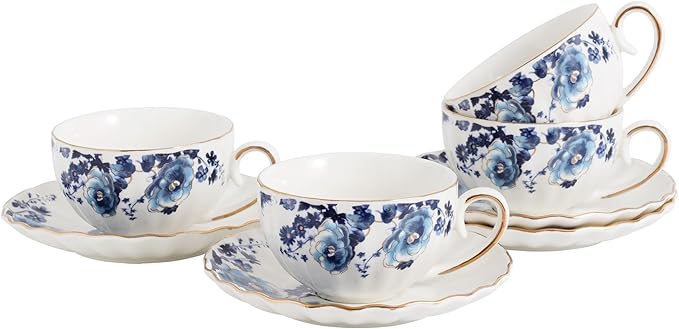 ceramic tea cup and saucer set of 4,floral teacup sets for Coffee, Latte, Cafe Mocha and Tea (Dark blue flowers) - Bloomnest