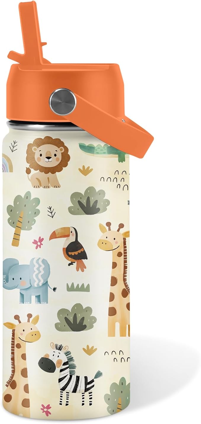 16oz Kids Wild Animal Water Bottle with Straw Lid, Stainless Steel Insulated Tumbler, Leakproof, BPA-Free, for Boys & Girls, Travel - Forest Friends Nature Lovers Birthday Gift Cup (1pc) - Bloomnest