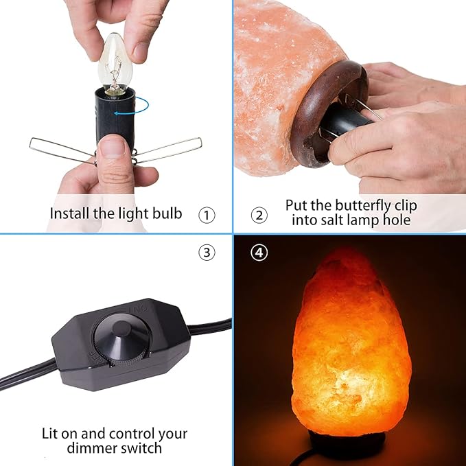 Salt Lamp Cord Replacement 1 Pack with Dimmer Switch 5 feet Lamp Cord and 6-Pack Halogen Salt Lamp Bulbs(15 Watts) - Bloomnest