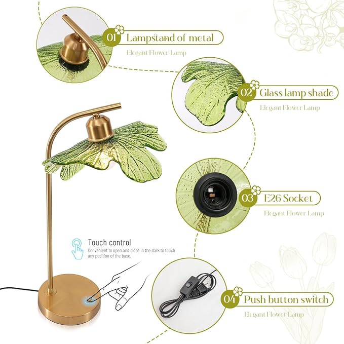 Glass Table Lamps Mid Century Modern Table lamp Gold Desk lamp tall table lamp nightstand lamp touch Table lamp with Green Flower Design Bedside Table Lamp for end table Bedroom Living Room Office - Bloomnest