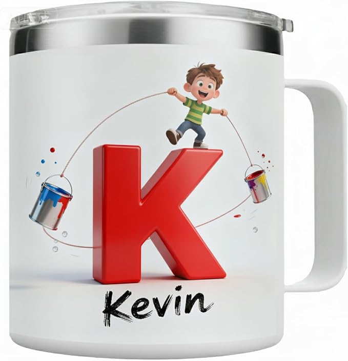 Personalized Kids Mug for Boys with Custom Name, Fun Paint Splash Initial Cup - 14oz Insulated Stainless Steel Tumbler with Handle & Lid, Creative Christmas Stocking Stuffer & Birthday Gift (B67) - Bloomnest