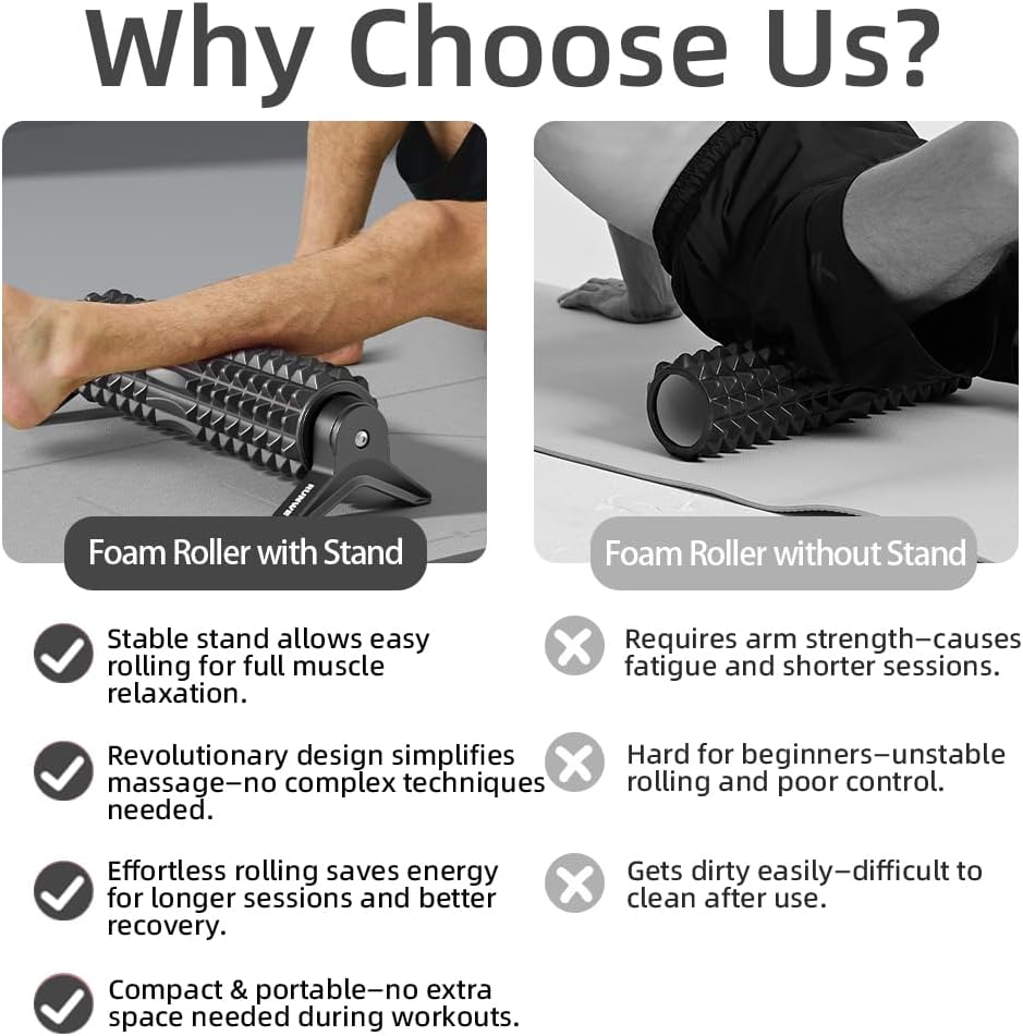 RUNWE Foam Roller with Stand - Bracket Foam Roller for Back Pain, 21 inch Trigger Point Deep Tissue Massage Roller, Medium Density Grid Bracket Foam Rollers, Leg Roller for Muscles Deep Tissue