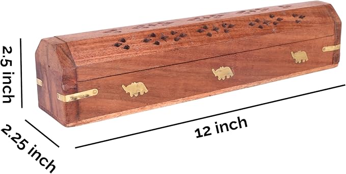DEVLA Beautiful Handmade Wooden Brown Incense Stick Holder Burner Storage Coffin Box - Ash Catcher with Brass Inlay Good for Peace and Your Mental Health 12x2.5x2.5 inch - Bloomnest