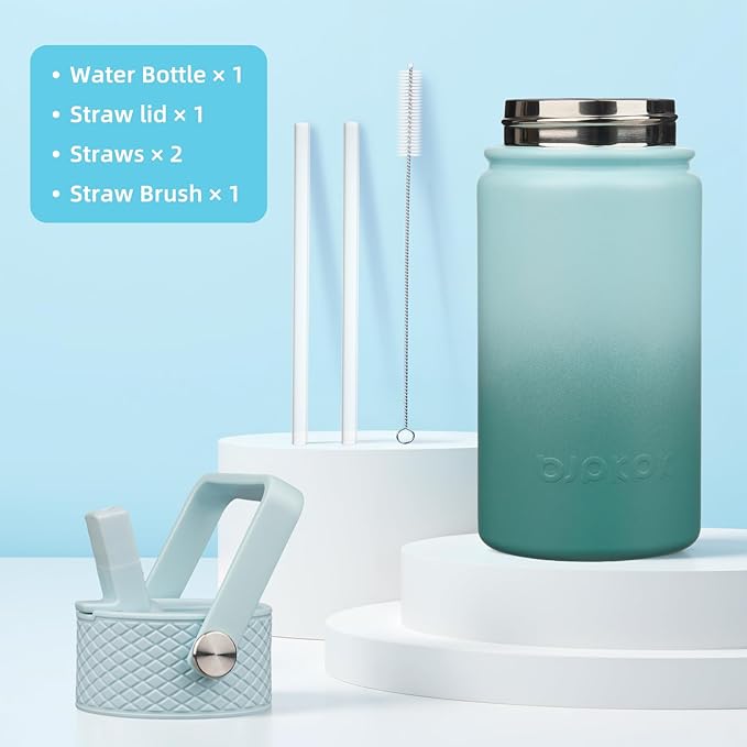 BJPKPK Insulated Water Bottle with Straw Lid, 15oz Cute Water Bottles, Stainless Steel Metal Thermo, Reusable BPA Free Leak Proof Tumblers, Cups,Milk Blue - Bloomnest