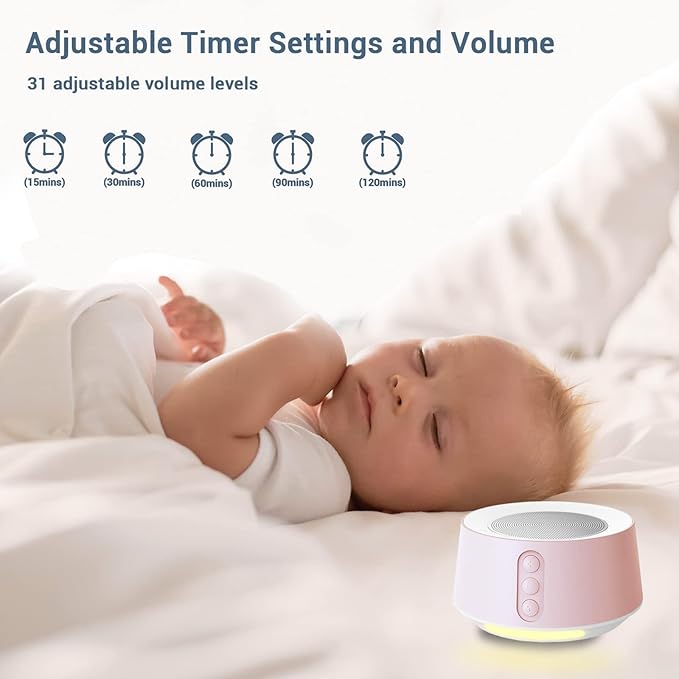 BGOVERSS White Noise Sound Machine with 20 Soothing Sounds, 10 Colors Night Light Sleep Machines Home Office Travel, 5 Timers and Memory Feature Sound Machine for Nursery Baby Kids Adults, Pink - Bloomnest
