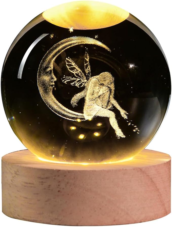 3D Fairy Crystal Ball with LED Stand, Fairies Figurines Lamp Night Light, Fairy Moon Decor Glass Sphere Balls Gifts for Women Girls Mom Kids(60mm) - Bloomnest
