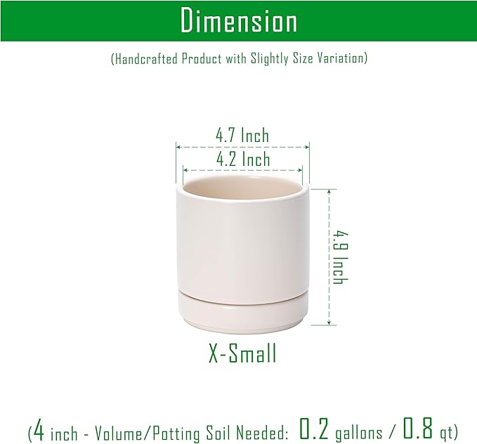 D'vine Dev Set of 4 Small Ceramic Plant Pots, 4.7 Inch Succulent Planter Pot for Plants with Drainage Hole and Saucer, Oatmeal, 94-X-B-8 - Bloomnest
