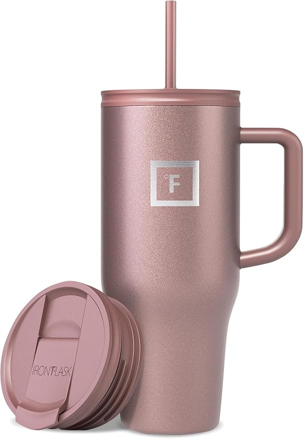 IRON °FLASK Co-Pilot Insulated Mug w/Straw & Flip Cap Lids - Cup Holder Bottle for Hot, Cold Drink - Leak-Proof - Water, Coffee Portable Travel Mug - Rose Gold, 32 Oz - Bloomnest