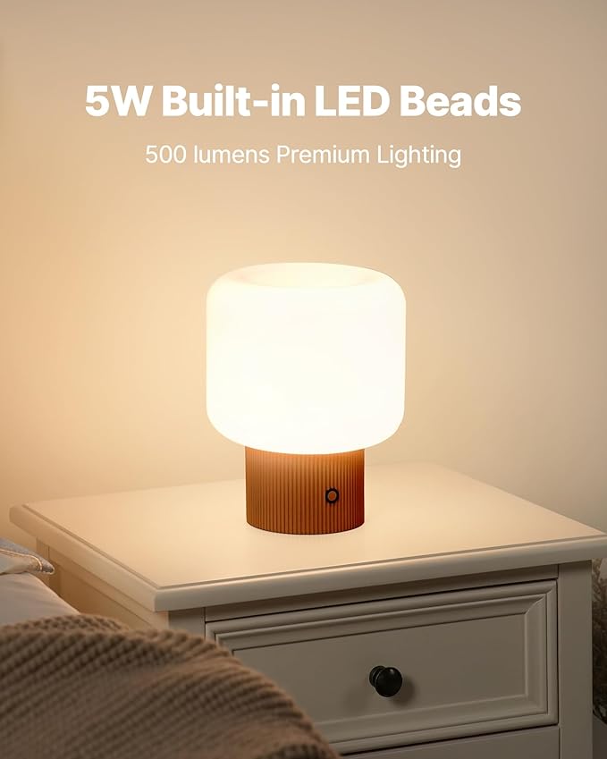Halo Mushroom Lamp, 5W Cute Cordless Rechargeable Table Lamp with Glass Shade, 3-Color Dimmable Small Retro Touch Bedside Lamp for Bedroom Ambient Decor (Orange) - Bloomnest